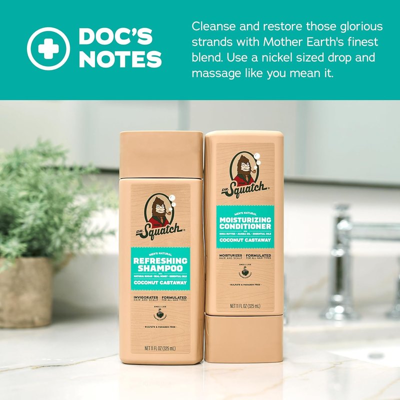 Dr. Squatch Men's Natural Shampoo & Conditioner Set - Sulfate & Paraben Free | Scalp Nourishing Coconut Castaway (11 fl oz, 2-Pack)