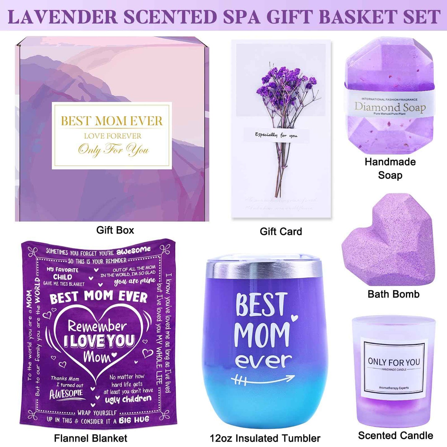 Christmas Gifts for Mom, Thanksgiving Birthday Mothers Day Basket for Mom from Daughter Son, Relaxing Spa Gifts Set with Luxury Flannel Purple Blanket, Great Birthday Mother's Day Ideas for Women
