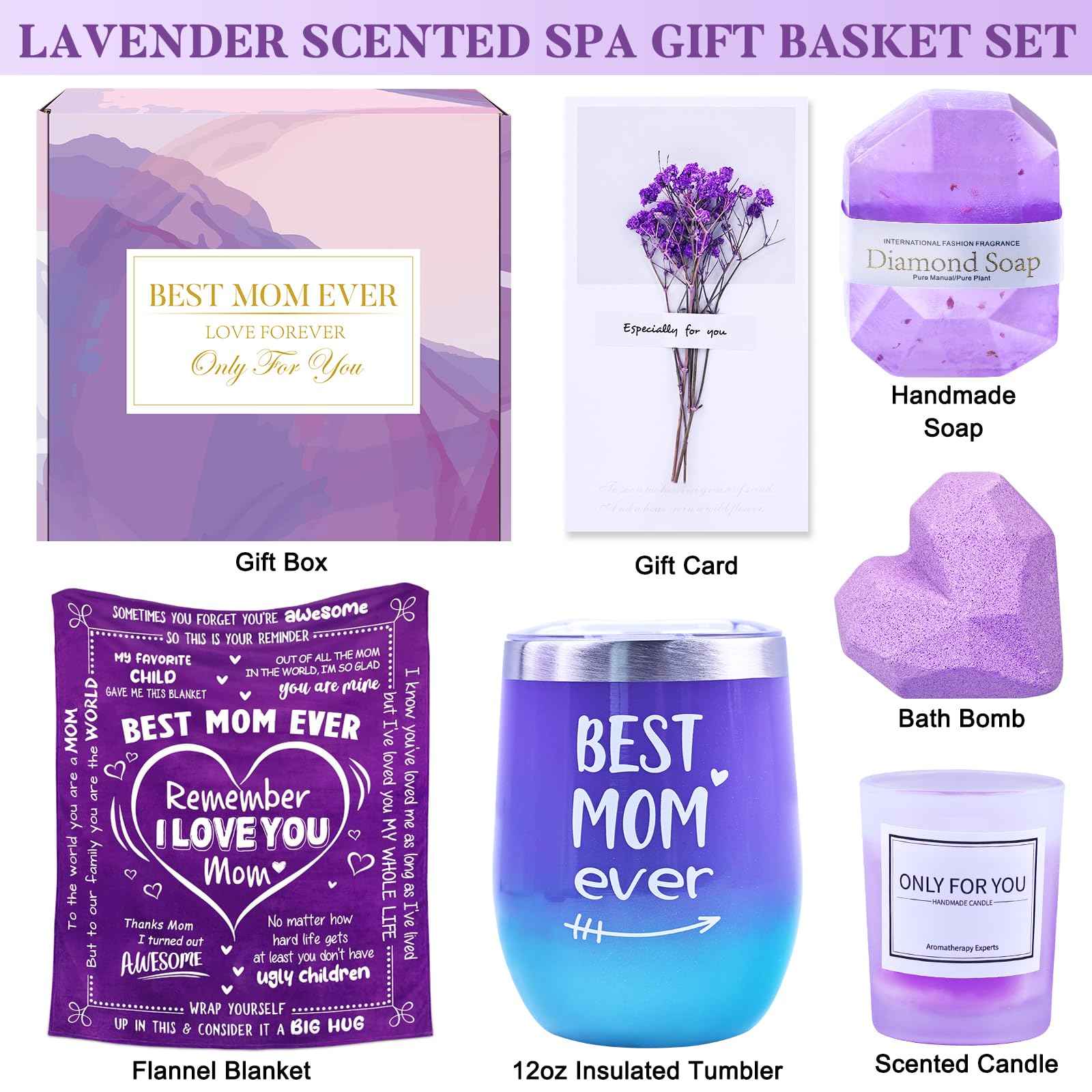 Christmas Gifts for Mom, Thanksgiving Birthday Mothers Day Basket for Mom from Daughter Son, Relaxing Spa Gifts Set with Luxury Flannel Purple Blanket, Great Birthday Mother's Day Ideas for Women