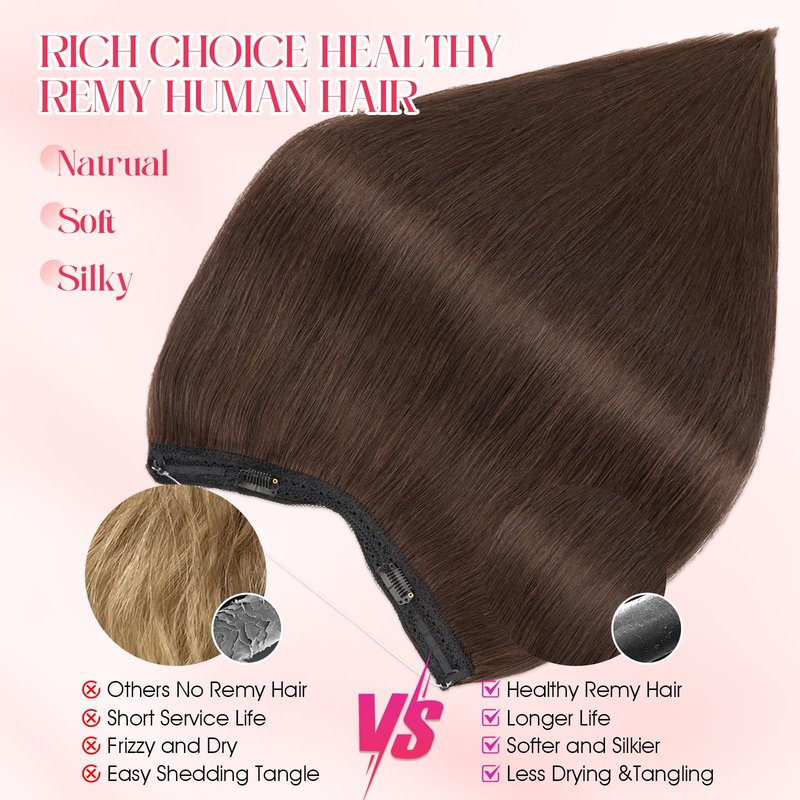 Rich Choices 100% Real Human Halo Hair Extensions Remy Short Invisible Wire Halo Hair Extensions Human Hair Clip in Hair Piece Straight 12 Inch #2 Dark Brown