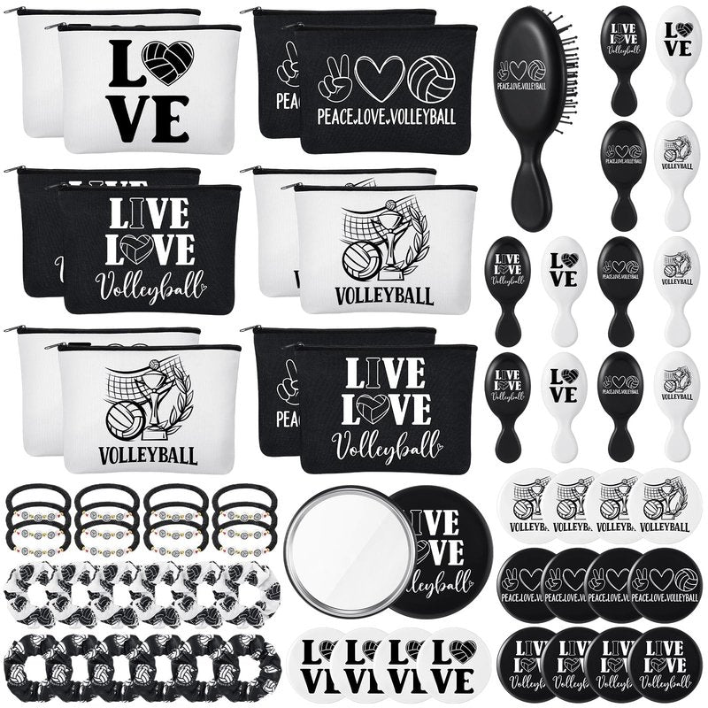 Baderke 60 Pcs Volleyball Team Gifts for Women Volleyball Party Favors Include Cosmetic Bags Makeup Mirror Hair Scrunchies Detangler Brush Bracelets for Women Players Sports Team Accessories