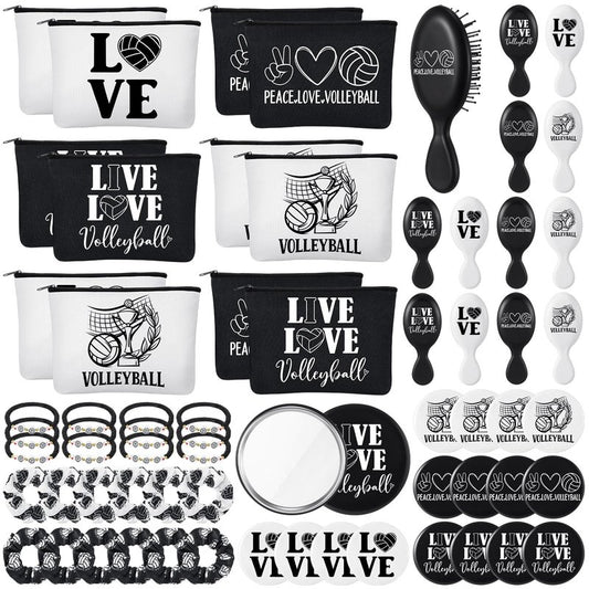 Baderke 60 Pcs Volleyball Team Gifts for Women Volleyball Party Favors Include Cosmetic Bags Makeup Mirror Hair Scrunchies Detangler Brush Bracelets for Women Players Sports Team Accessories