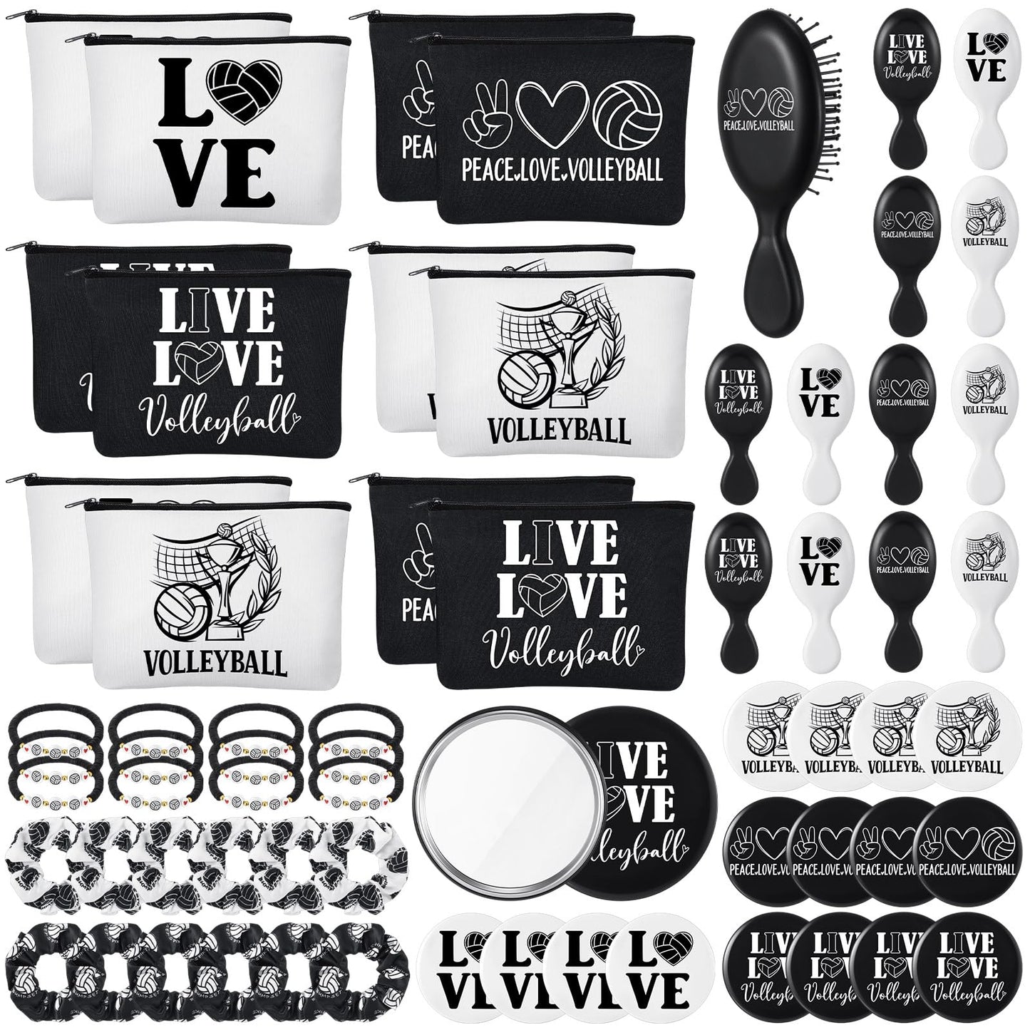 Baderke 60 Pcs Volleyball Team Gifts for Women Volleyball Party Favors Include Cosmetic Bags Makeup Mirror Hair Scrunchies Detangler Brush Bracelets for Women Players Sports Team Accessories
