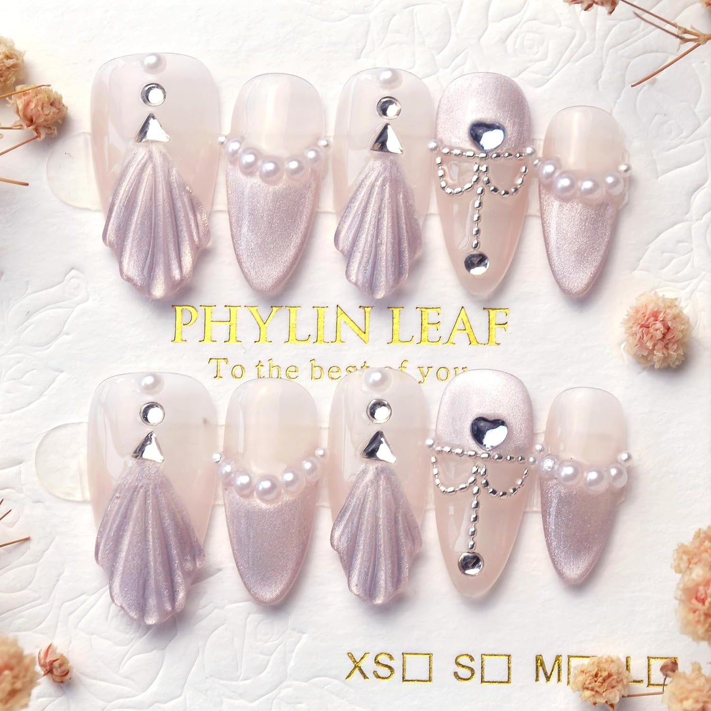 3D Sea Shell Press-On Nails - Handmade Medium Almond Beach Nail Art with Butterflies (L Size)