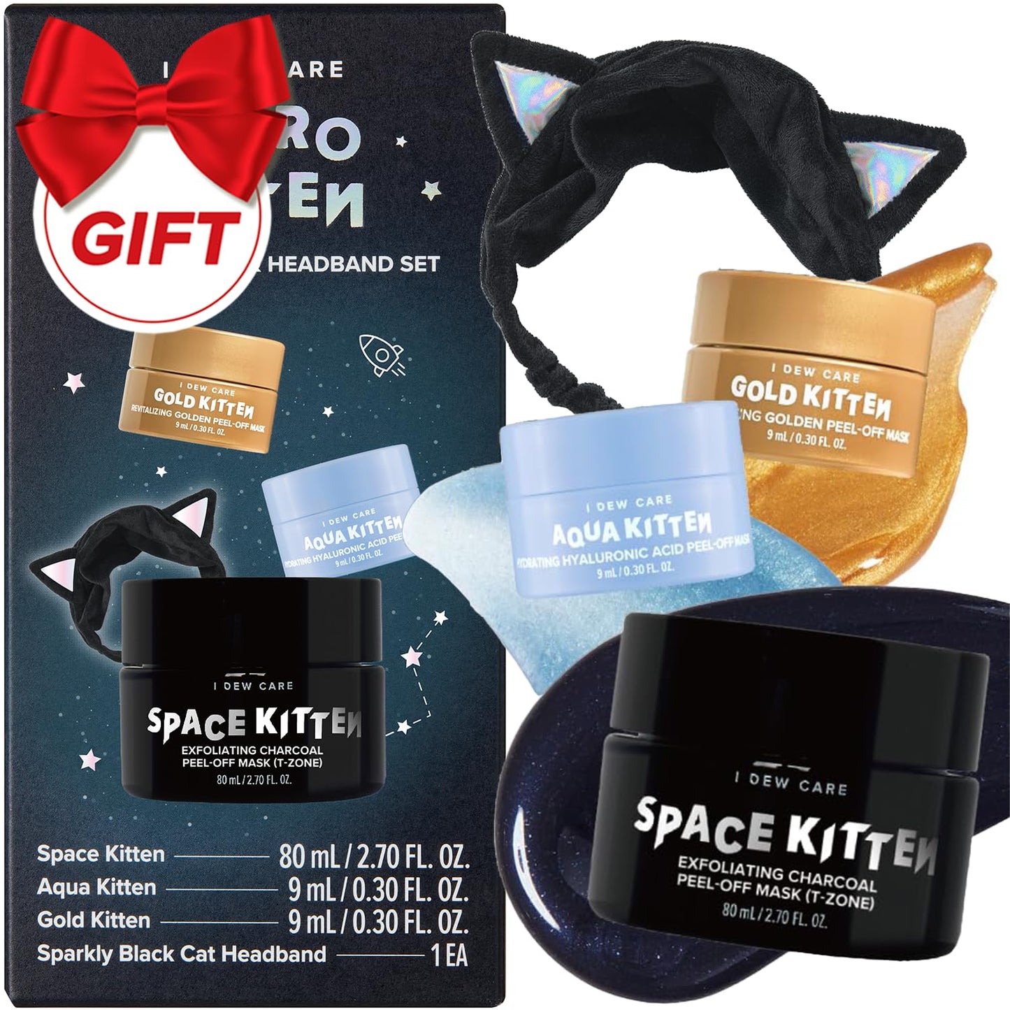 I DEW CARE Peel-off Face Mask Set - Astro Kitten | Exfoliating, Hydrating, Revitalizing, Whitehead Mask, Black Cat Spa Headband, Korean Skincare, Glass Skin, Stocking Stuffers, Travel Size, Mini Set