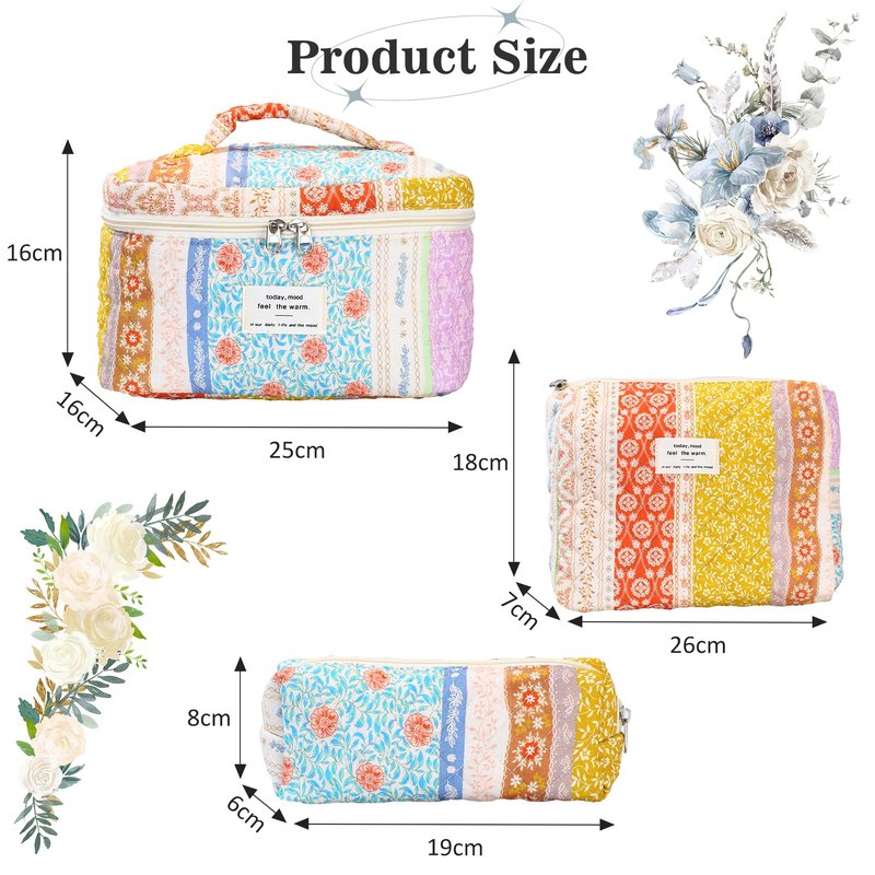 Dvehdbay 3Pcs Quilted Makeup Bag - Cotton Large Floral Makeup Bag, Travel Cosmetic Bag Cute Flower Aesthetic Floral Toiletry Organizer Bag Set for Women (08Yellow-Red)
