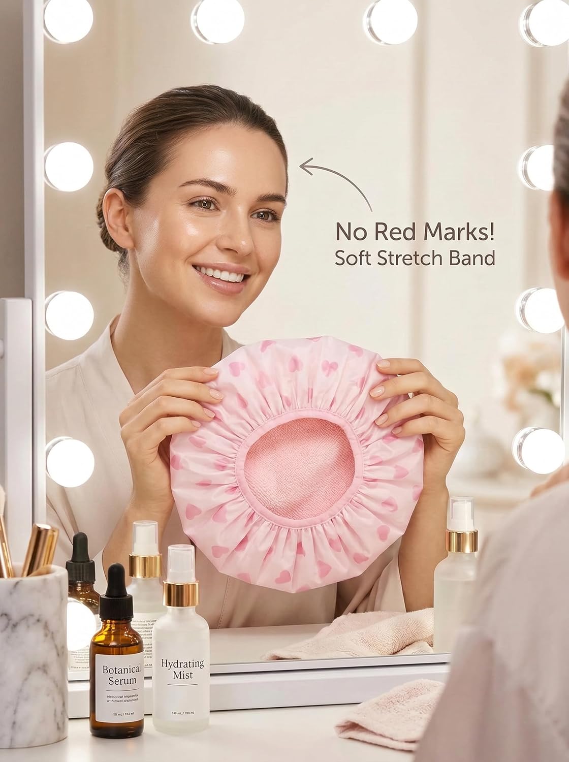 Auban Shower Cap - Reusable Waterproof Terry Cloth Lined Bath Cap | Large Size - Pink