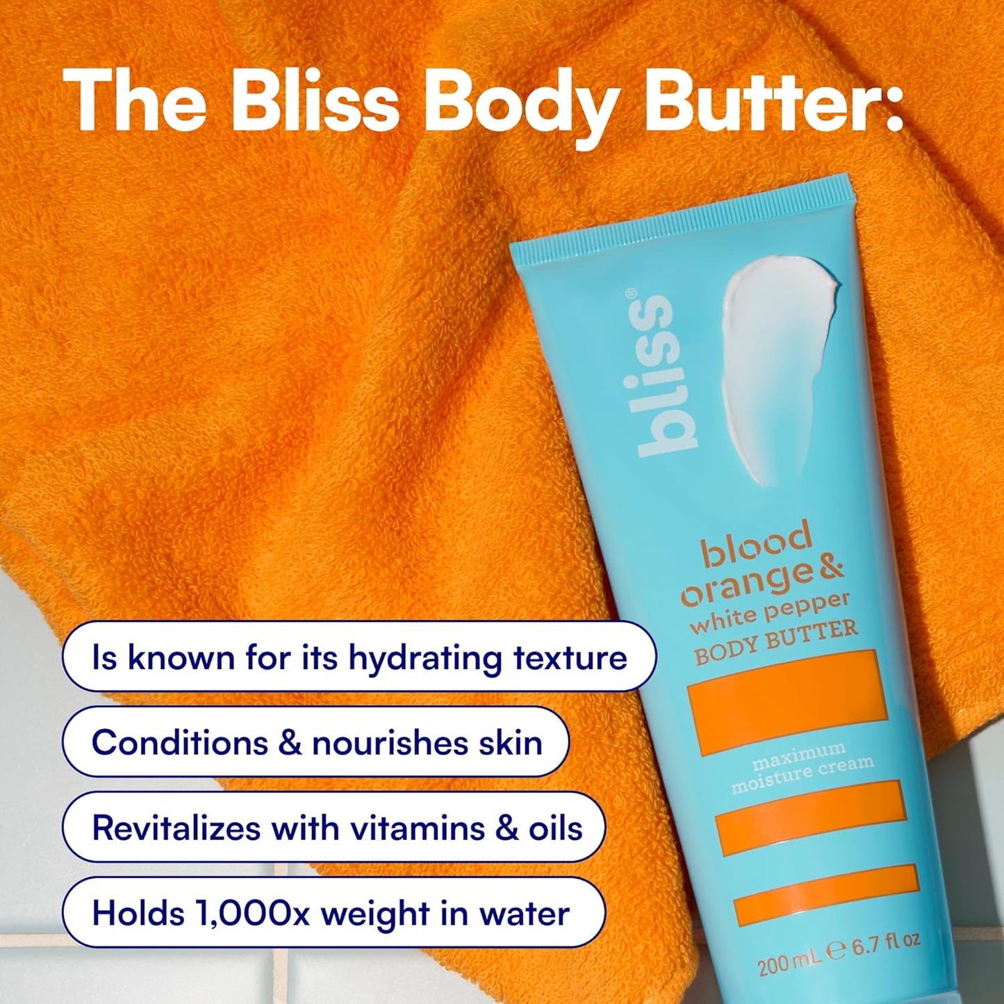 Bliss Body Butter - Blood Orange & White Pepper Moisturizing Cream - 6.7 Fl Oz | Vegan & Cruelty-Free Body Lotion for Dry Skin