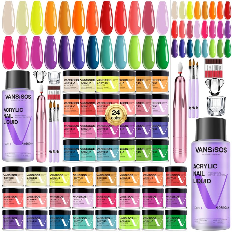 VANSISOS Acrylic Nail Kit for Beginner: Complete Set with 24 Colors Acrylic Powder & Liquid Long Last Durable Quick Dry for Nail Manicure with Nail Drill and Basic Accessories