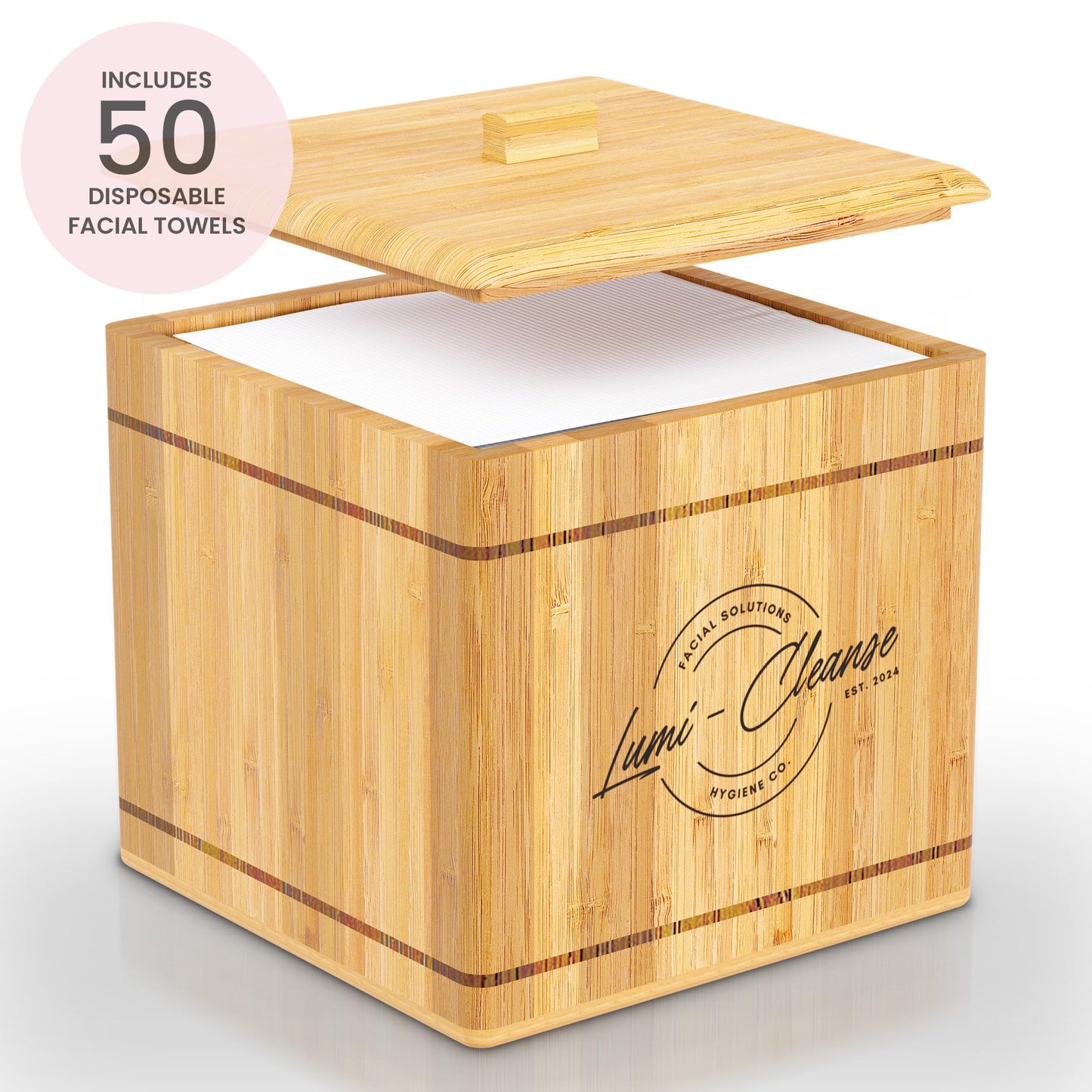Premium Disposal Towel Holder, Bamboo Box with 50 XL Ultra Soft Clinically Tested Towels, Vegan, Lint Free