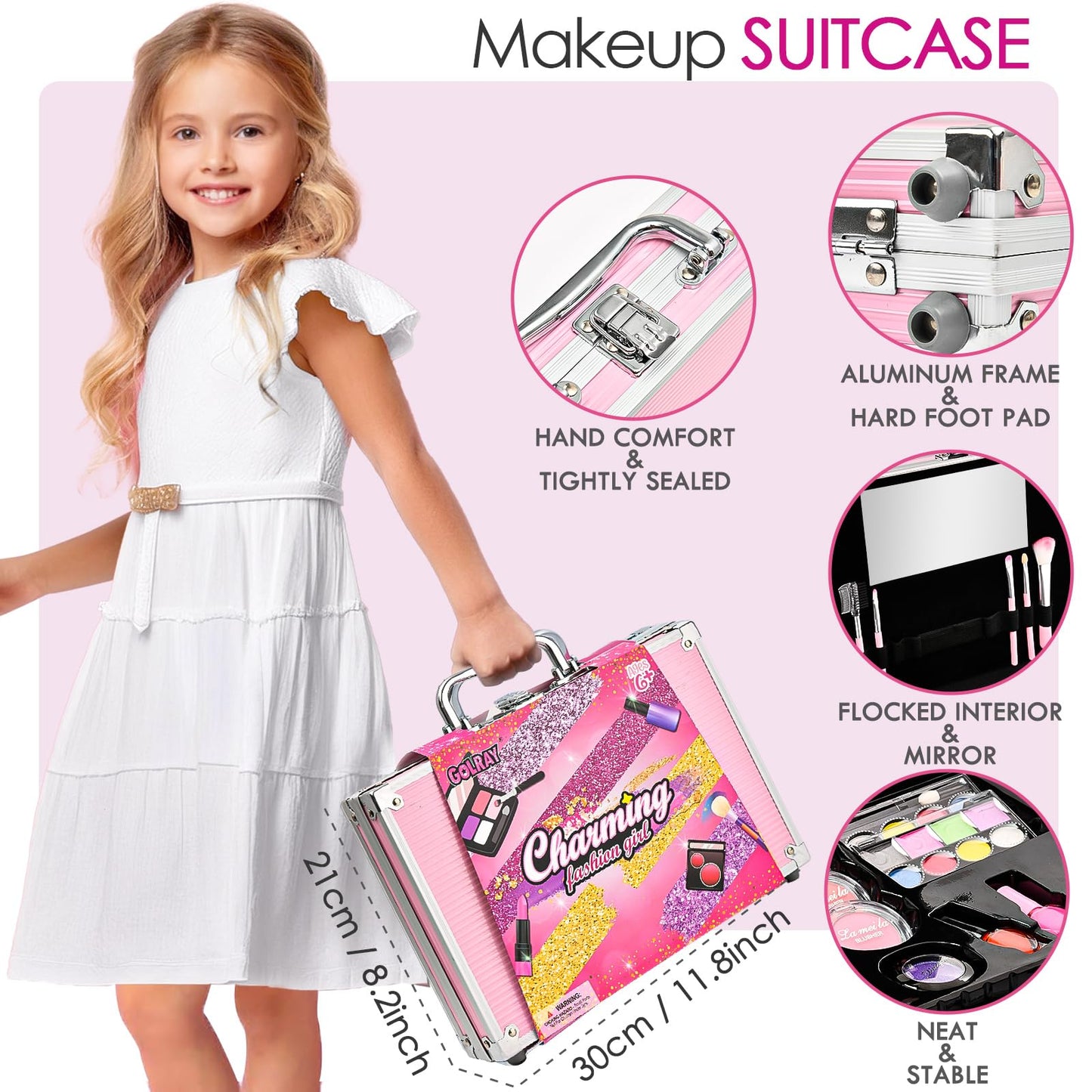 Golray Teen Makeup Kit for Girls Ages 8-12, Starter Full Make up Set With Train Case / 4 Eyeshadow Pallets/Blush/Lipstick/Brush, Kid Birthday Gift Beauty Toy for Girl 9 10 11 12 Years