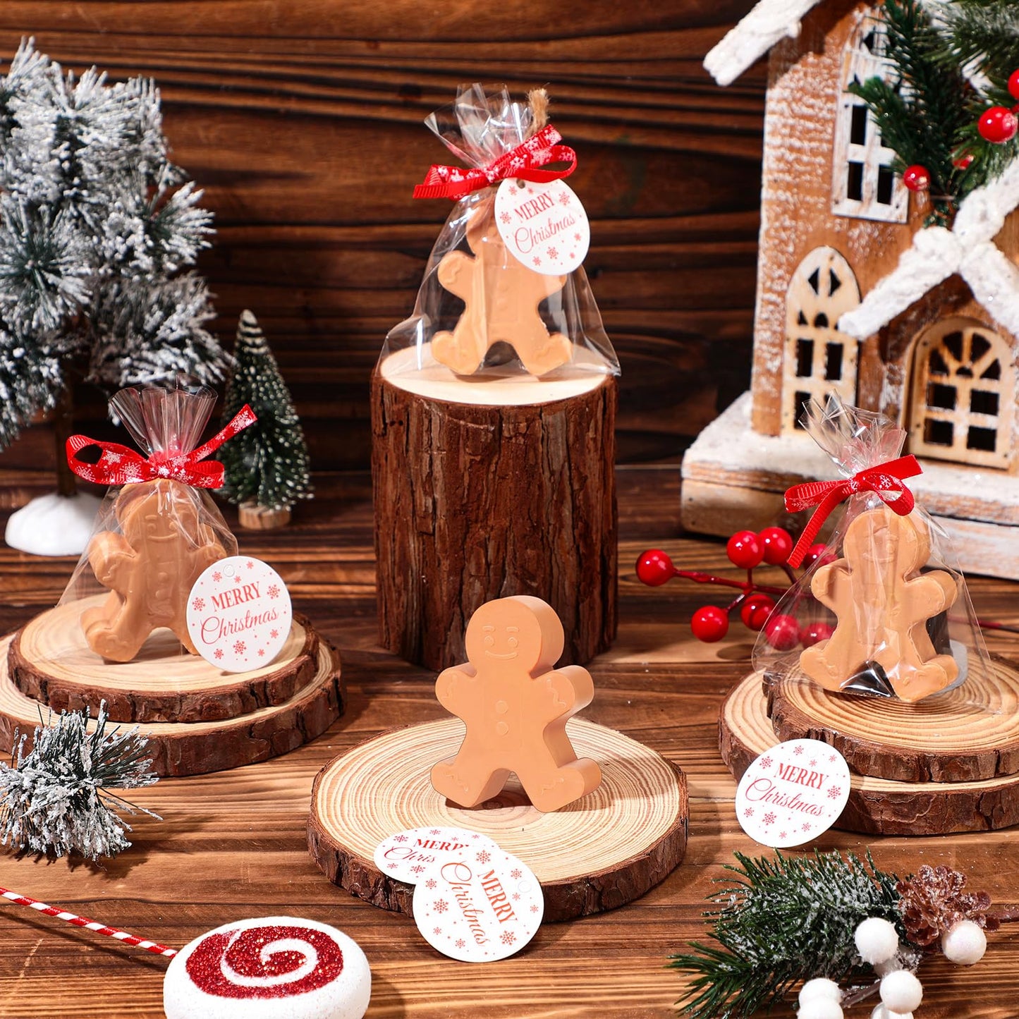Heigble 90 Pcs Christmas Soap Bars Christmas Gift Bulk with 30 Holiday Glycerin Snowflake Xmas Tree Santa Clause Gingerbread Men Soap 30 Bag 30 Tag for Guest Coworker Bathroom(Brown,Gingerbread)