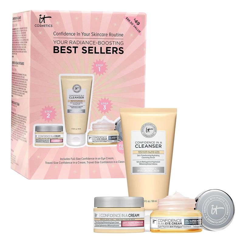 IT Cosmetics Radiance Boosting Skincare Gift Set - 3-Piece Anti-Aging Eye Cream, Moisturizer & Cleanser | Vegan Travel Sizes