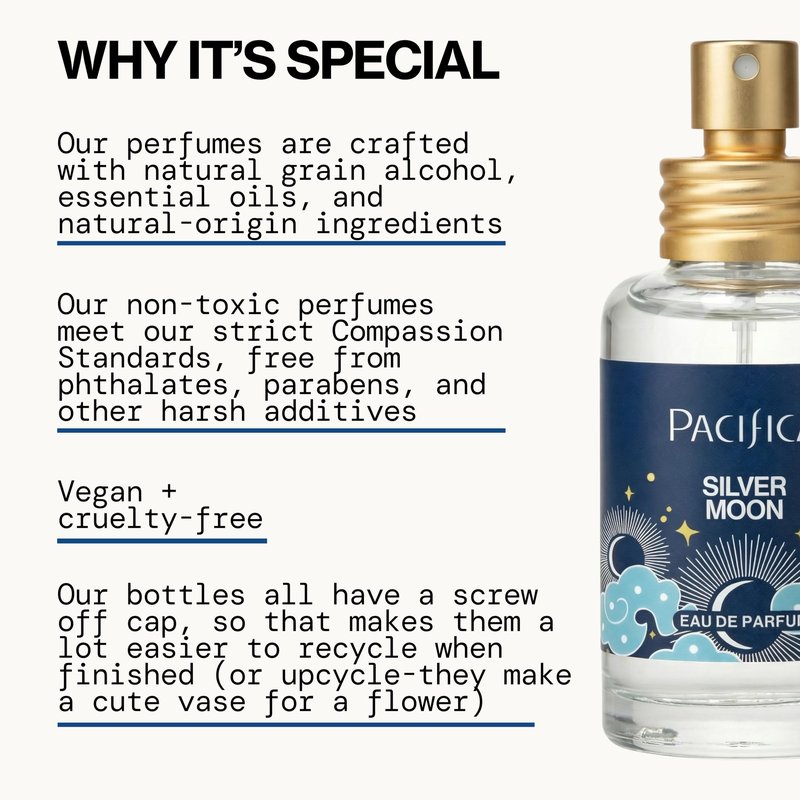 Pacifica Silver Moon Perfume 1oz – Long-Lasting Warm Vanilla & Almond Clean Fragrance for Women Vegan, Cruelty-Free, Essential Oils, Non Toxic