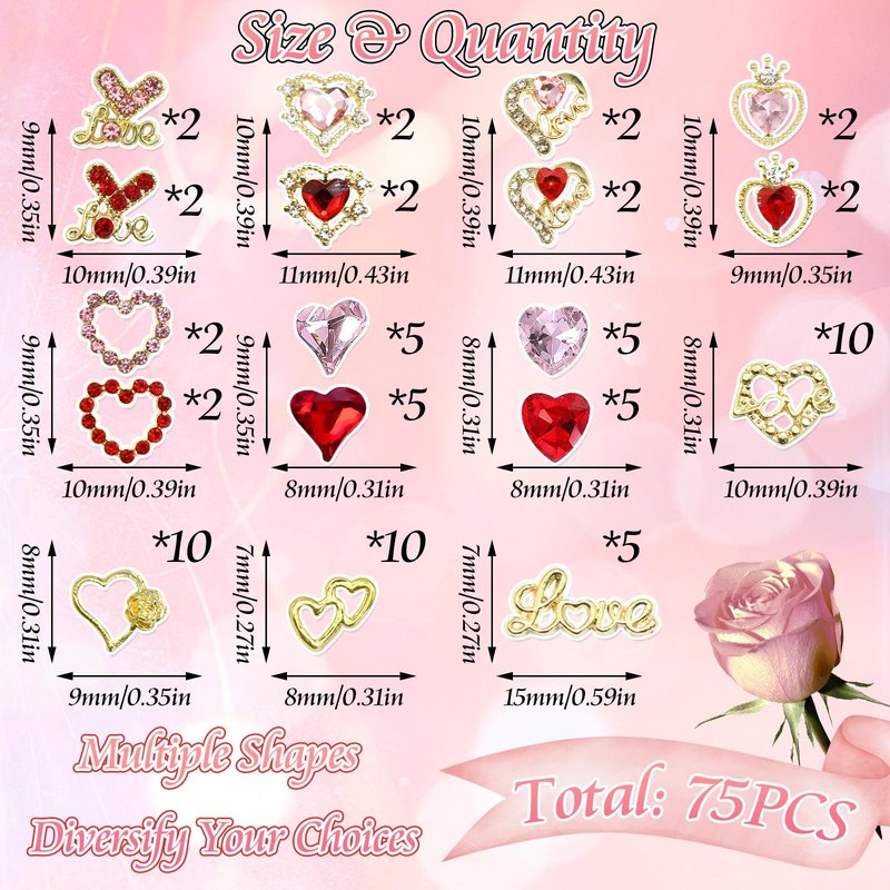 BELICEY 75Pcs 3D Gold Nail Charms Red Pink Heart Nail Charms Alloy Flatback Love Letter Charms for Nails Heart Shaped Gems and Rhinestones for Women Valentine‘s Day Manicure DIY Nail Art Design Crafts