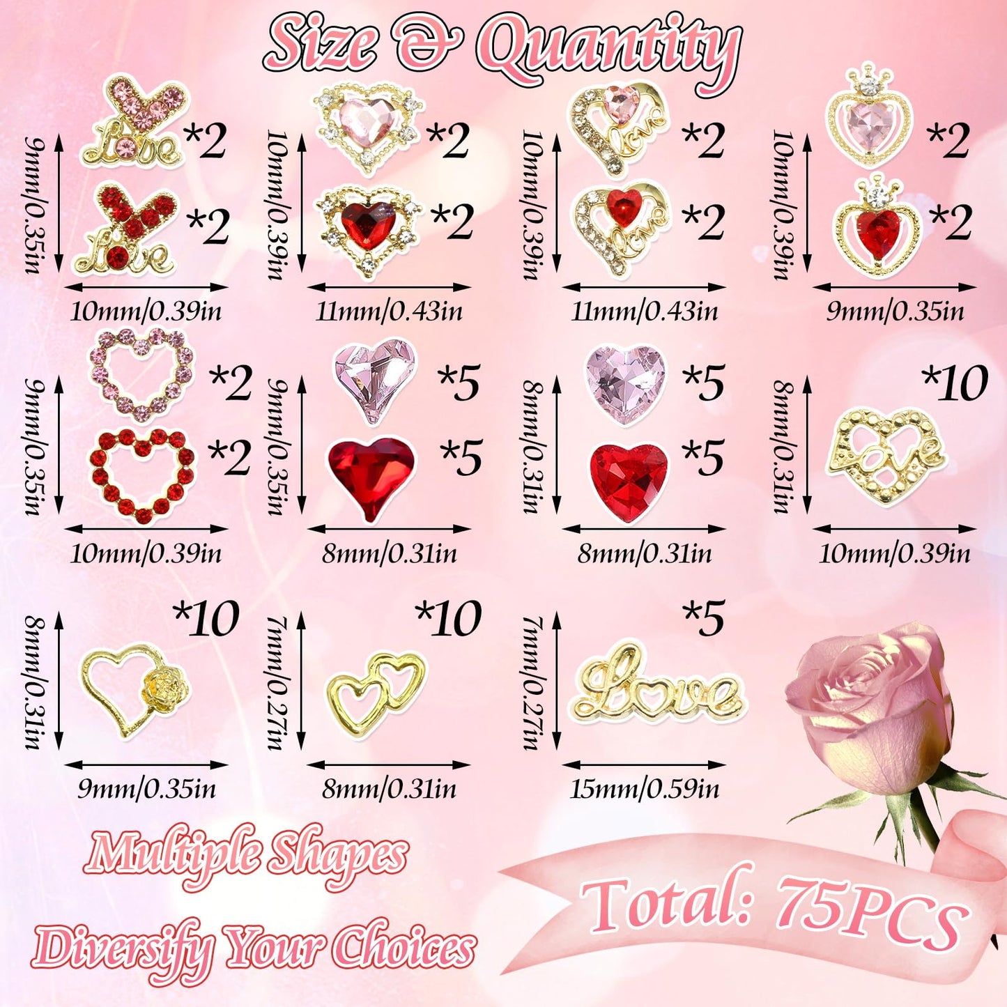 BELICEY 75Pcs 3D Gold Nail Charms Red Pink Heart Nail Charms Alloy Flatback Love Letter Charms for Nails Heart Shaped Gems and Rhinestones for Women Valentine‘s Day Manicure DIY Nail Art Design Crafts