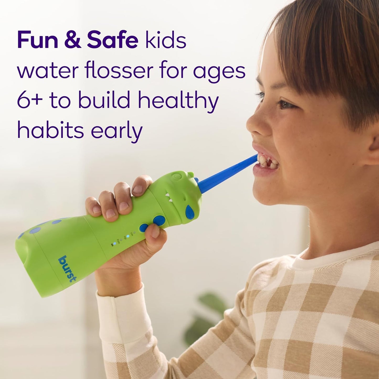 Kids Water Flosser - Cordless & Rechargeable Dinosaur Design | 3 Pressure Modes | Braces-Friendly | 155mL Water Tank