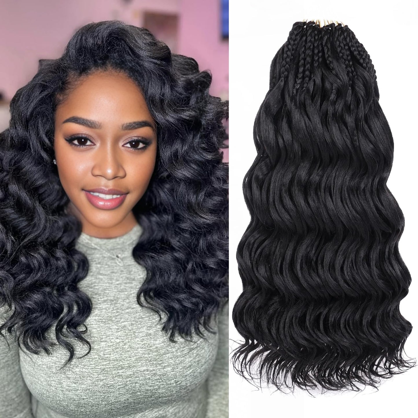 Leeven 14 Inch Pre Looped Ocean Wave Crochet Hair 8 Packs Black Short Curly Crochet Hair Boho Ocean Braids Pre Twisted Synthetic Deep Wavy Crochet Braids for Women