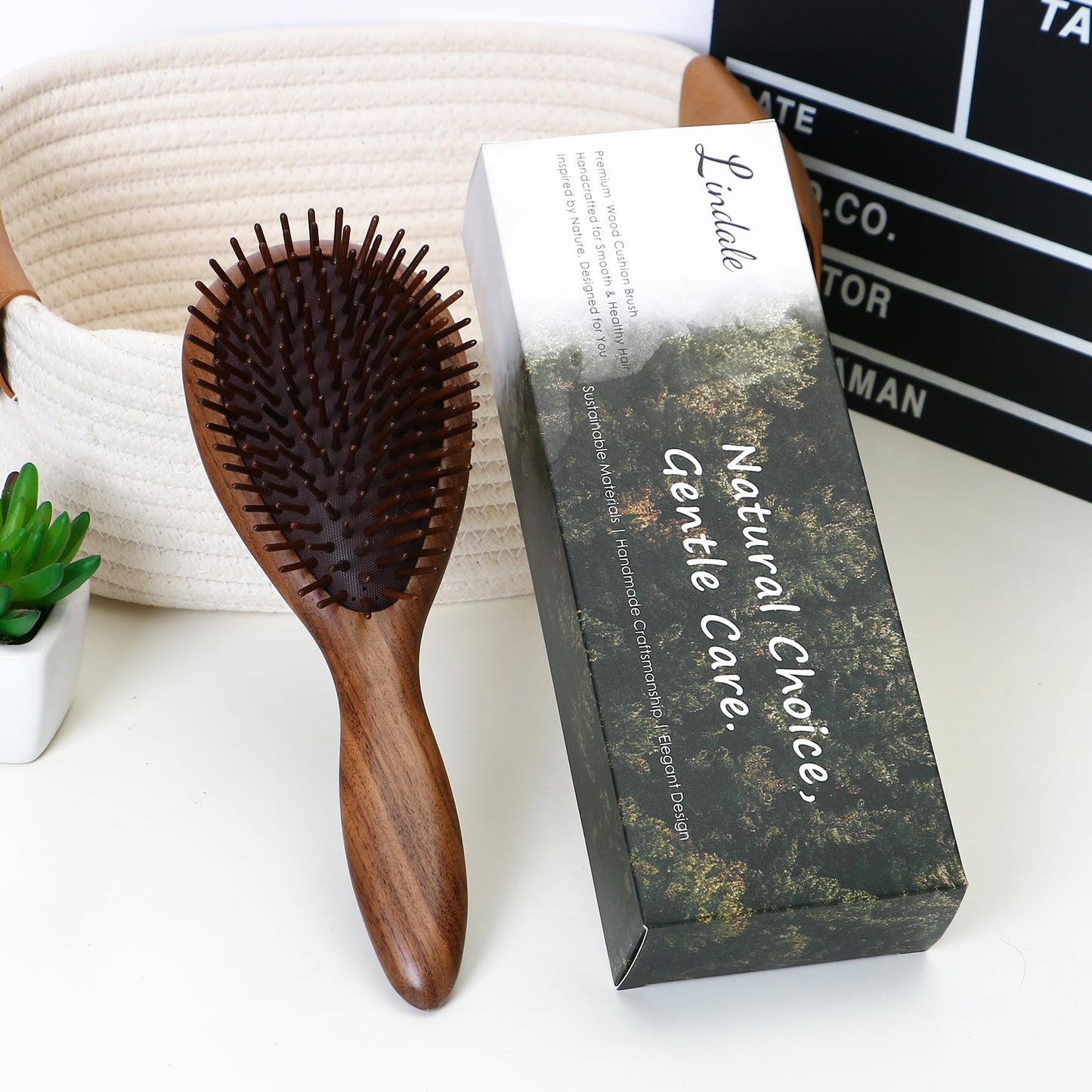 Lindale Walnut Wooden Hair Brush for Hair Growth with Natural Walnut Bristles Detangler Paddle Hairbrush for Massaging Scalp for Women Men, Reduces Static for Curly Hair with Ergonomic Handle Oval