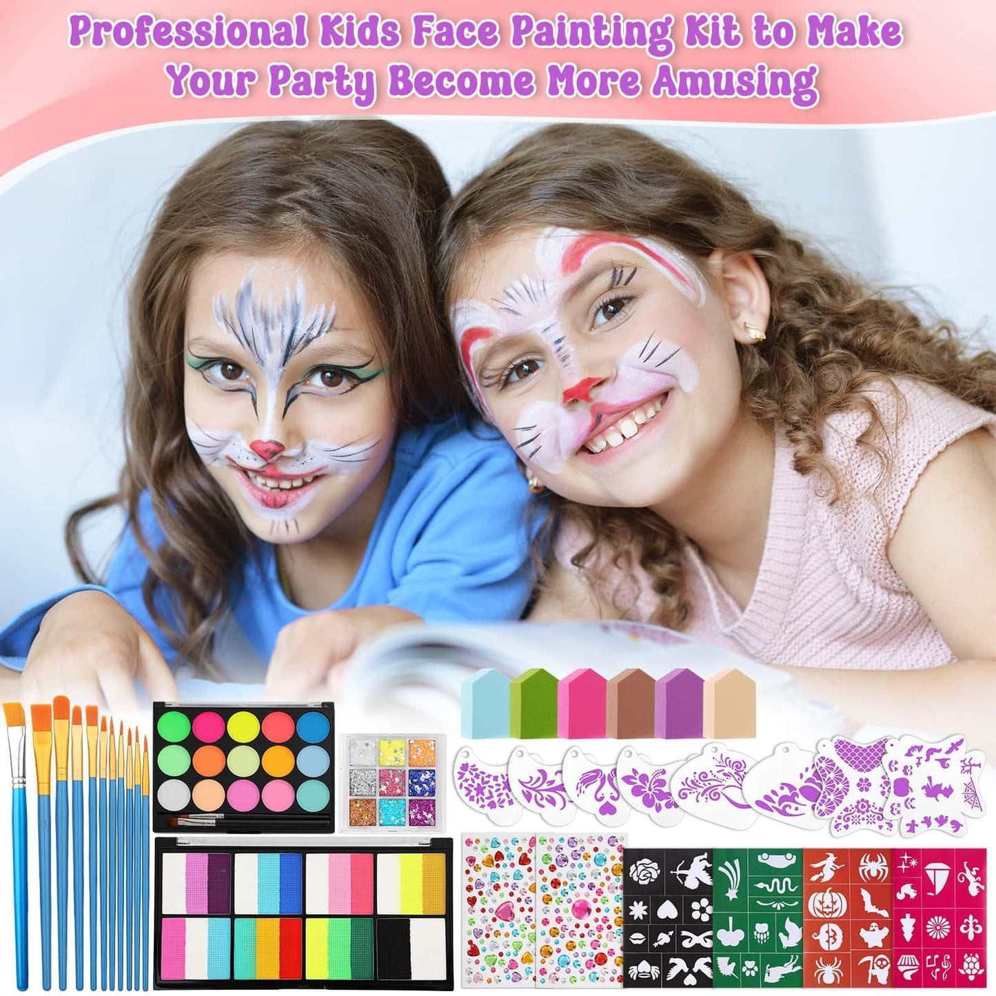 Face Painting Kit with Organizer Box - Rainbow Color Non Toxic & Washable Face Paint Set with Stencils, Brush & Gems Party Makeup for Halloween, Carnival & Costume