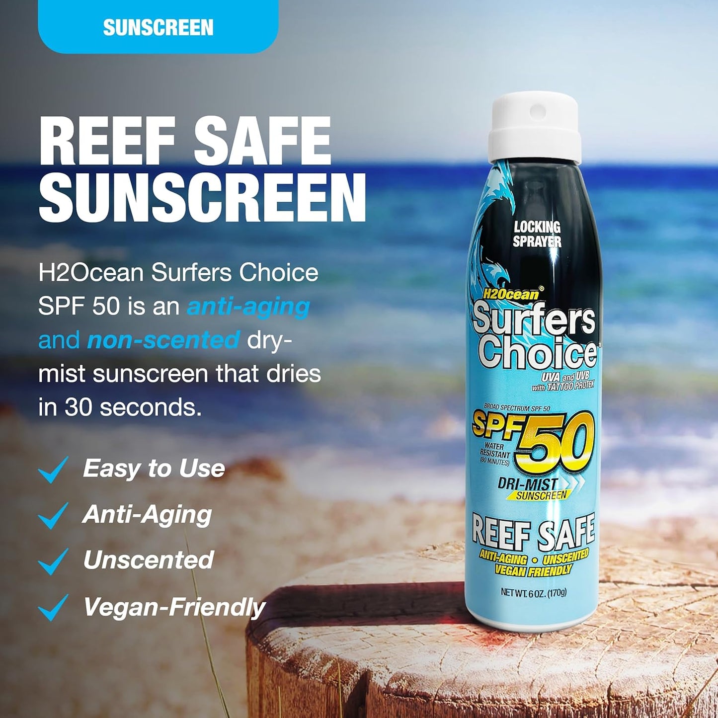 H2Ocean SPF 50 Sunscreen Spray - Quick-Drying Tattoo Aftercare & UV Protection | Reef-Safe, 6 oz (Pack of 2)