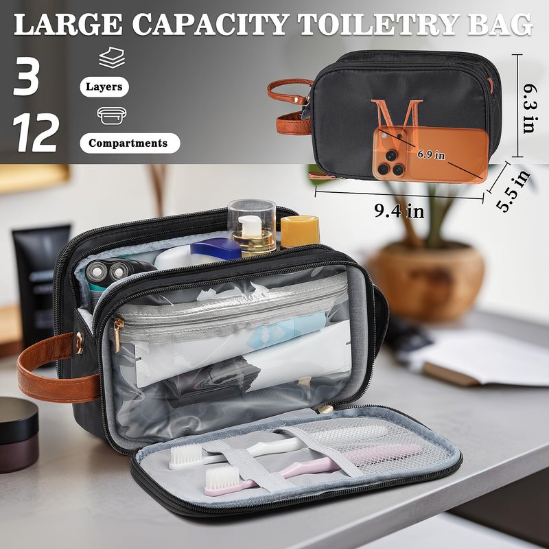 YOOLIFE Personalized Gifts for Men Women - Initial Black Toiletry Bag Makeup Bag | Travel Toiletry Bags for Women Men, Travel Essentials Water Resistant Makeup Toiletries M Black