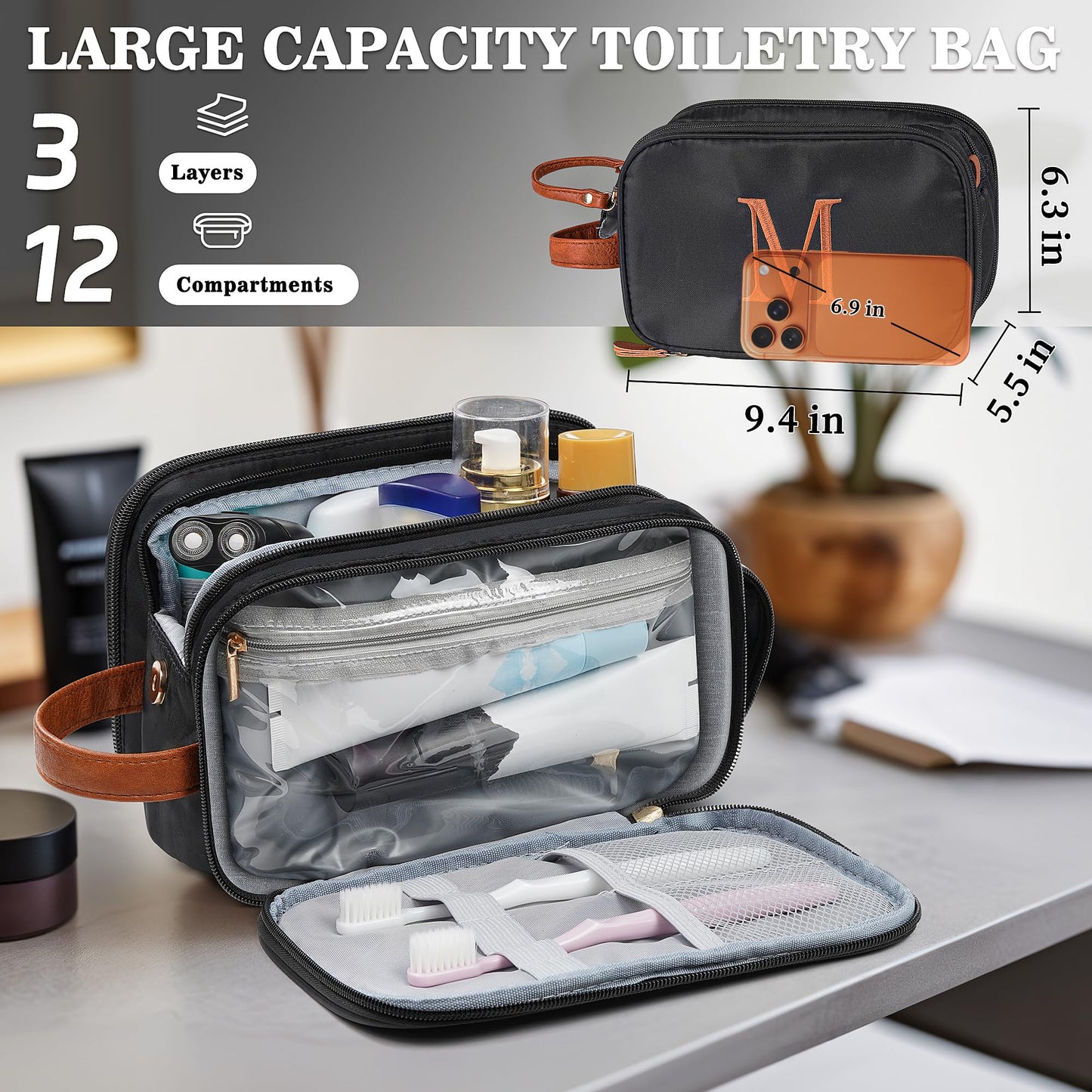 YOOLIFE Personalized Gifts for Men - Initial Black Toiletry Bag Makeup Bag | Dad Gifts for Birthday, Travel Toiletry Bags for Women Men, Travel Essentials Water Resistant M Black