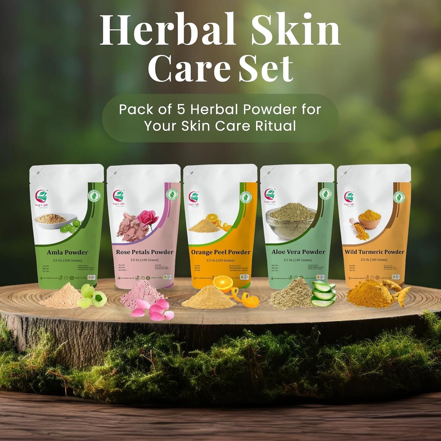 Herbal Skin Care Set - 5 Natural Face Mask Powders | Aloe Vera, Amla, Orange Peel, Rose & Wild Turmeric | 100g Each