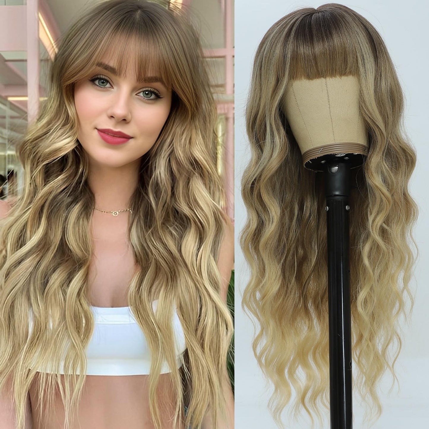 QYDEERY Black Wig with Bangs for Women Long Wavy Wigs Curly Synthetic Wig Natural Looking Hair Heat Resistant Wigs for Daily Party Use