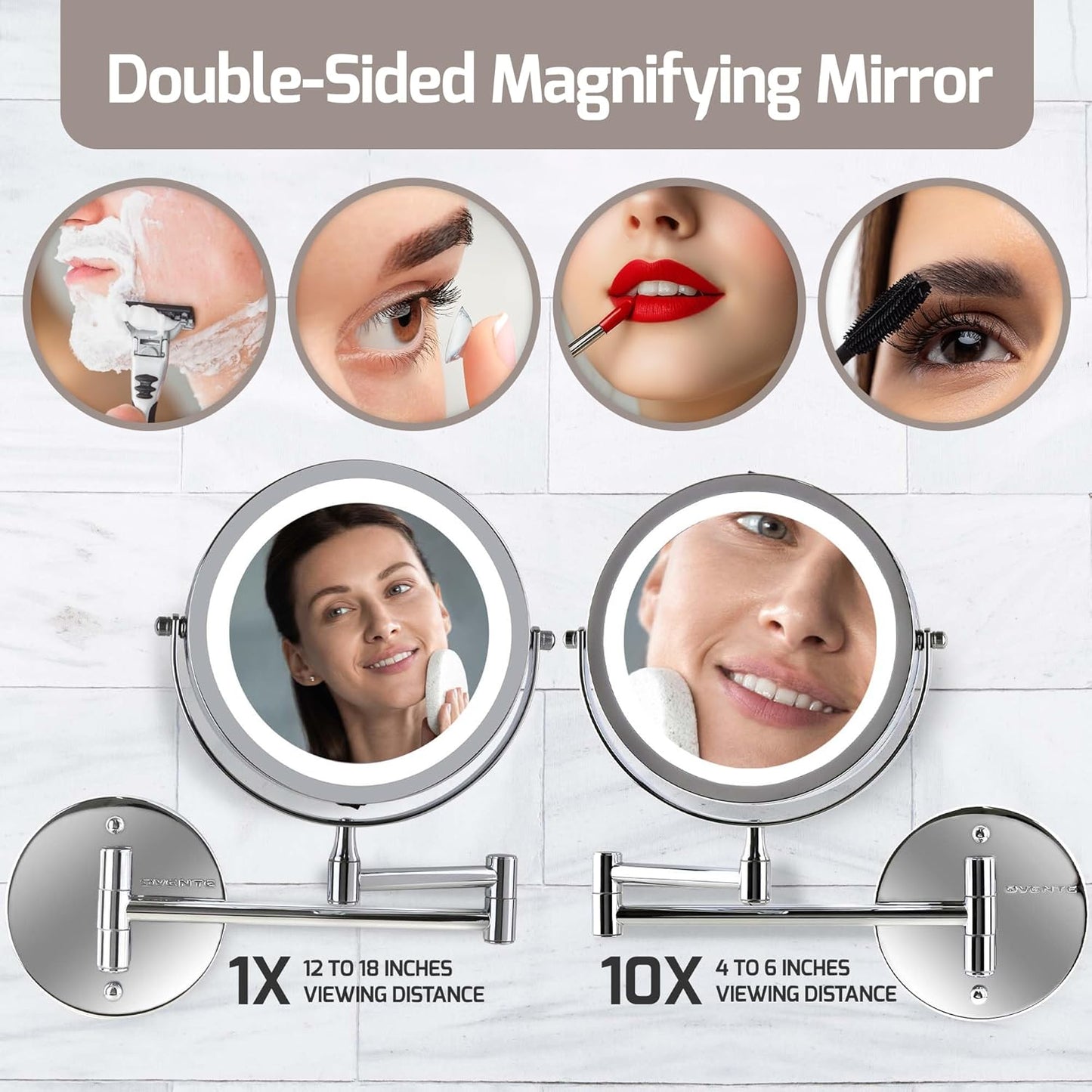 Lighted Makeup Mirror - 7-Inch Double-Sided 1X/10X Magnification | LED, Cordless, 360° Rotation, Polished Chrome