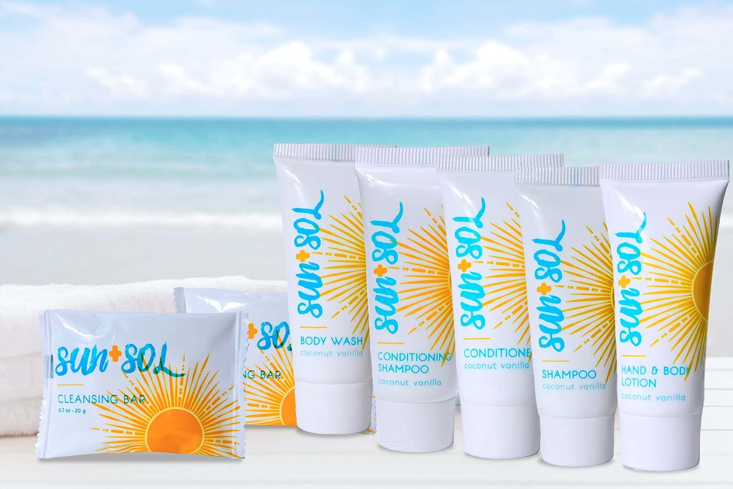 World Amenities Sun + Sol Bulk Refreshing Soap Bar with Warm Coconut & Vanilla Fragrances, Sachet Wrapped Travel Size Toiletries, Mini Hotel Amenities, 1 Oz, 100 Count