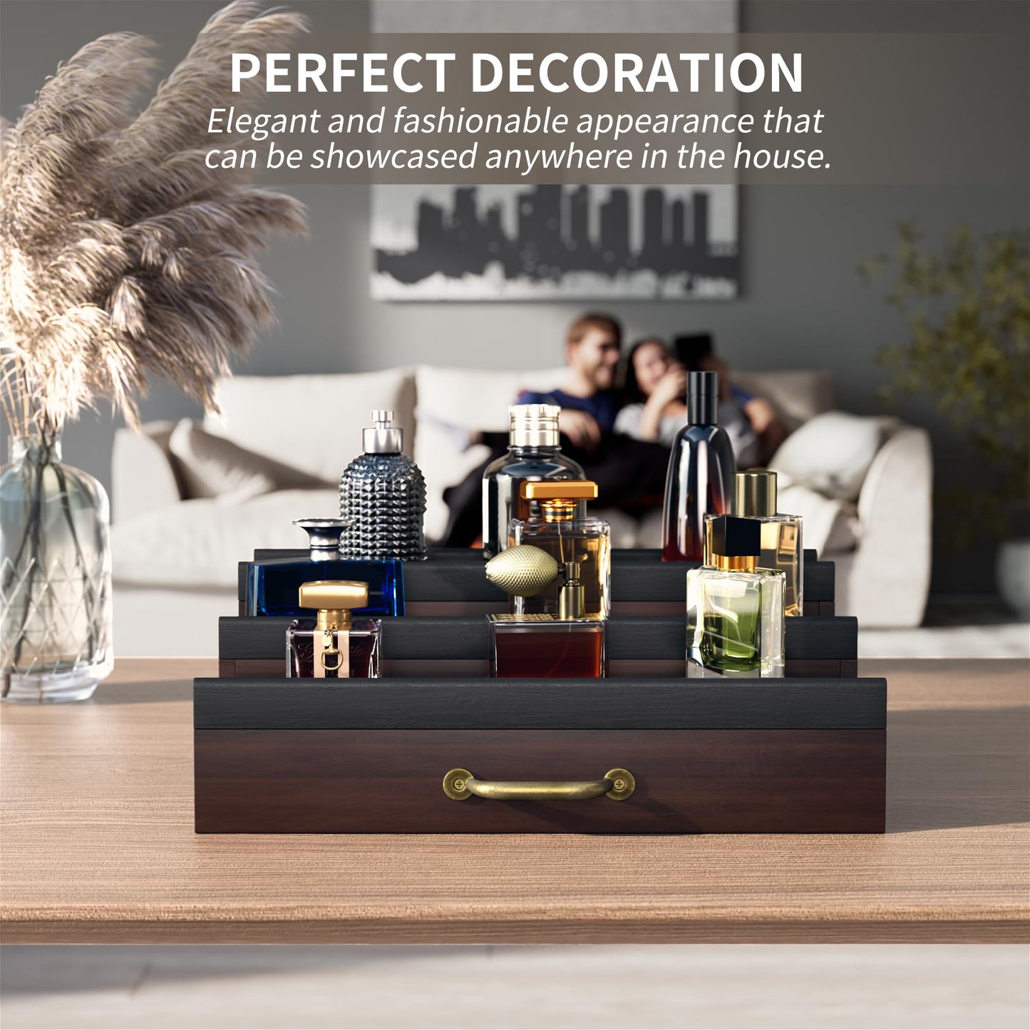 YIKIBOX Cologne Organizer for Men,Wooden Perfume Organizer with Hidden Compartment and Drawer,Cologne Stand and Storage Display Risers for Dresser,Great Gift for Men/Friend（DarkBrown）