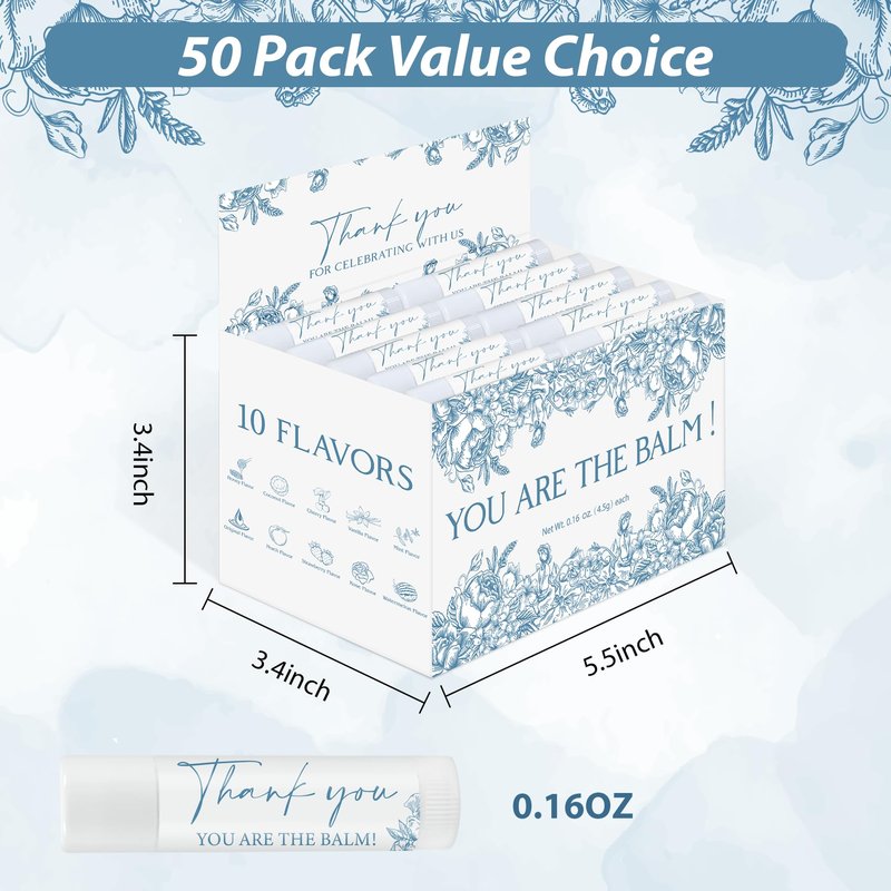 50 Pack Moisturizing Lip Balms in Bulk Blue Flower Wedding Gifts Reception Ideas Party Favors Thank You For Celebrating With Us Baby Shower Birthday Gift You Are The Balm Beeswax Something Blue