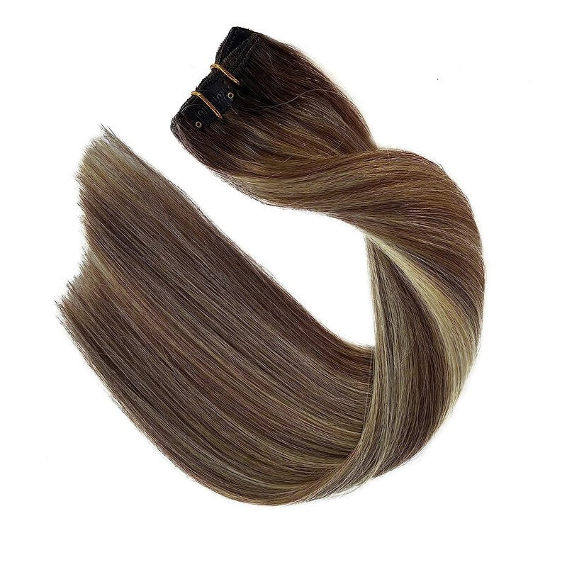 Human Hair Clip in Extensions Brown to Blonde Balayage Clip ins Extensions Remy Human Hair 16 Inch Clip on Extension Bleach Blonde Highlights Hair Extensions for Women Clip in 7Pcs 70g