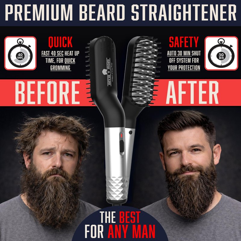 Beard Straightener Grooming Kit for Men, Beard Growth Kit, Wash, Brush & Comb, Unscented Growth Oil, All Natural Sandalwood Balm, Conditioner, Razor & Scissors, Great Gift Idea for Men's (Black)