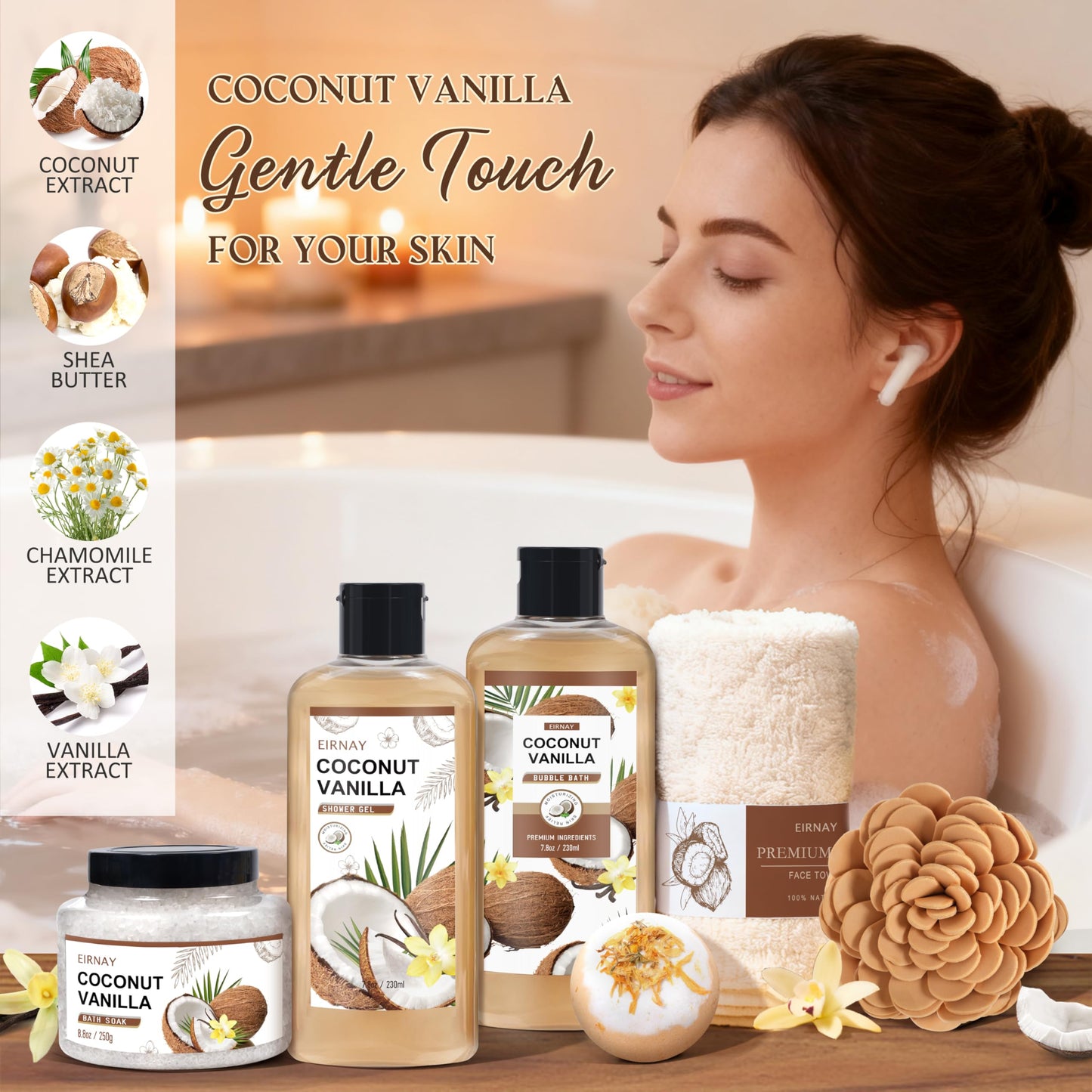 EIRNAY Mothers Day Gifts For Women - 16 PCS Birthday Gift Basket for Women Set of Coconut Vanilla Self Pampering Set, Includes Luxurious Home Spa Shower Gel Bubble Bath
