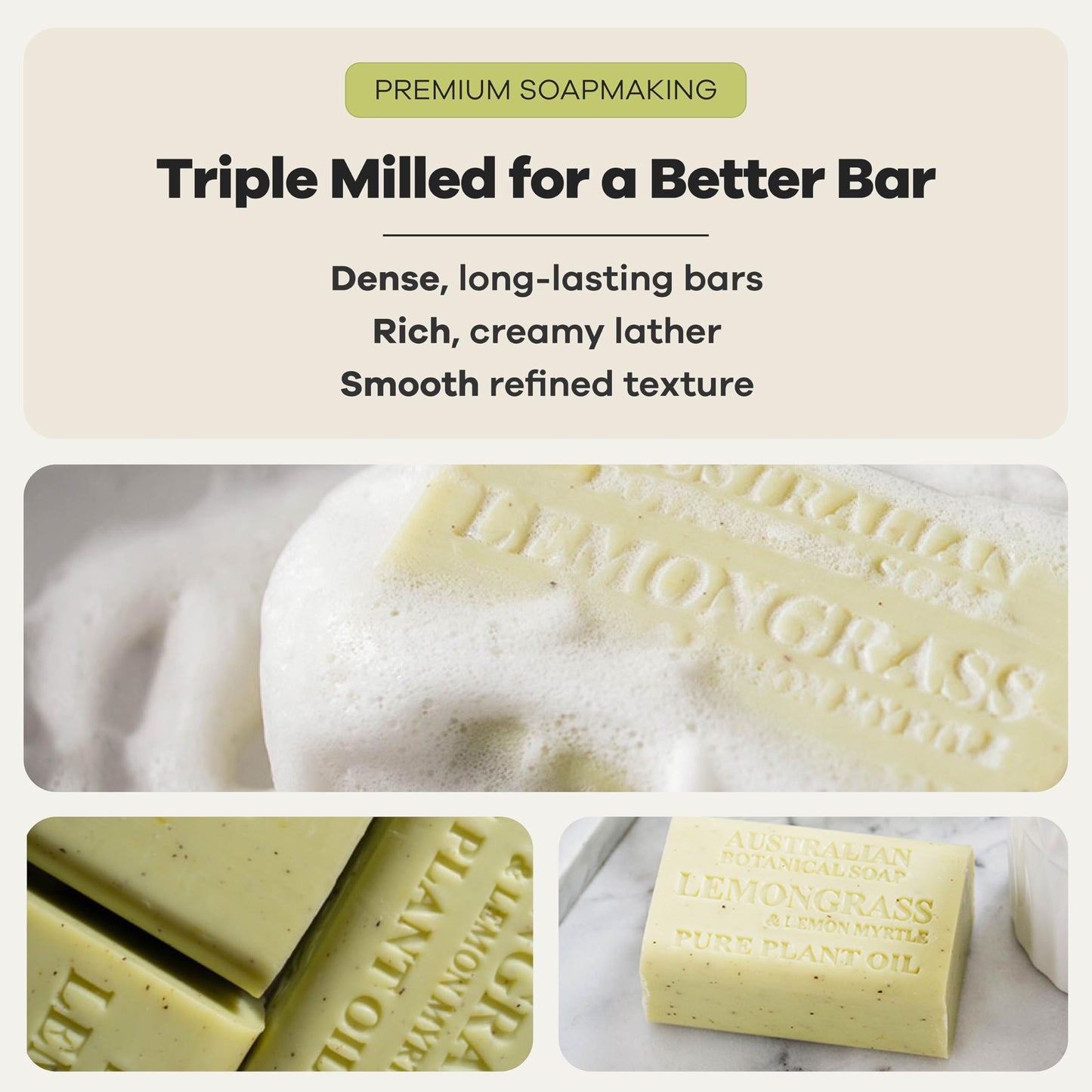 Australian Botanical Soap, 6.6 OZ, Lemongrass and Lemon Myrtle, Triple Milled Bars made with a Natural Soap Base and Enriched with Organic Shea Butter, Pack of 8