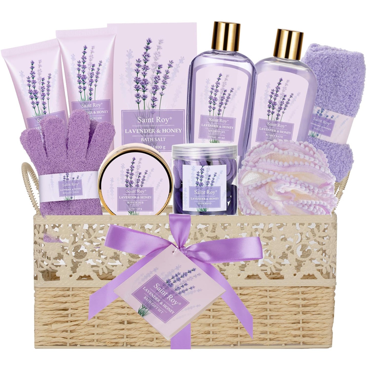Lavender Bath and Body Gift Basket, Face Skin Care Set, Spa Kit, Self-Care