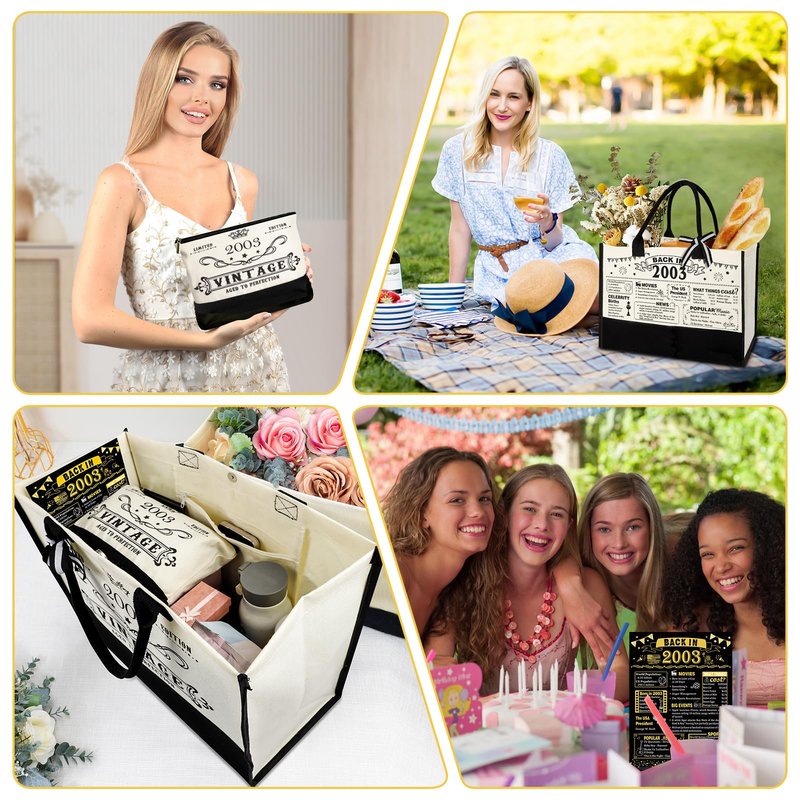 23rd Birthday Gifts for Women Canvas Tote Bag Travel Gear, Unique 23 Years Old Birthday Gifts for Girlfriend Daughter Sister Friends Her, Vintage 2003 Handbag & Cosmetic Bag & Back in 2003 Poster