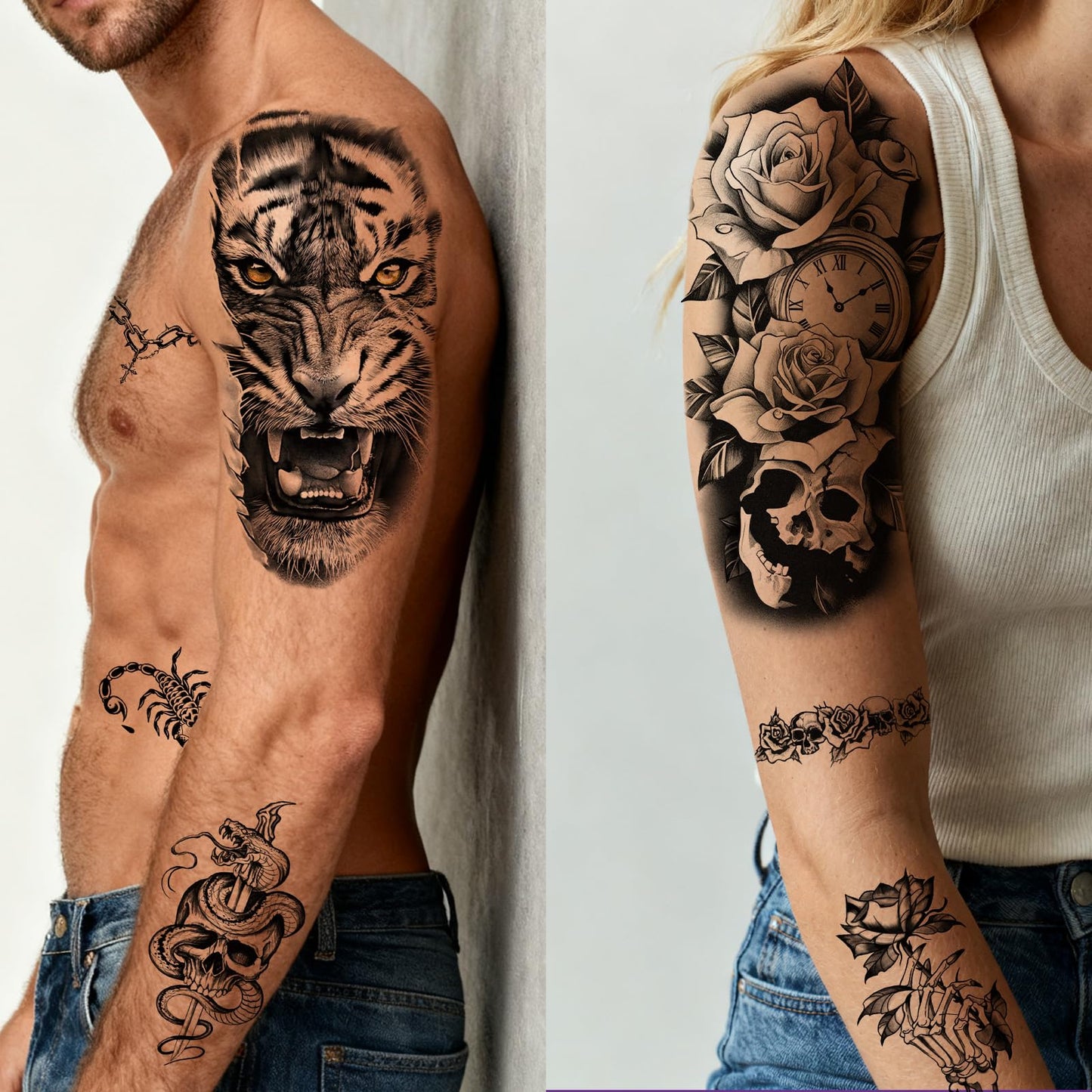 92 Sheets Temporary Tattoo, 17 Sheet Half Arm Lion Wolf Tiger Dragon Butterfly Rose Fake Tattoos for Women Men, 75 Sheet Realistic Tiny Tattoos Stickers for Adult Body Chest Neck Hand