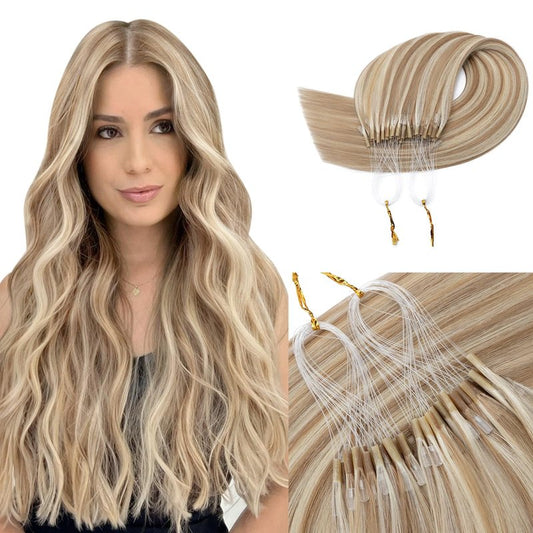 S-noilite Micro Link U Tip Hair Extensions Human Hair Golden Brown Highlight Bleach Blonde K Tips Hair Extensions Human Hair Keratin U Tip Hair Extensions Straight 16 Inch 50 Strands 50g