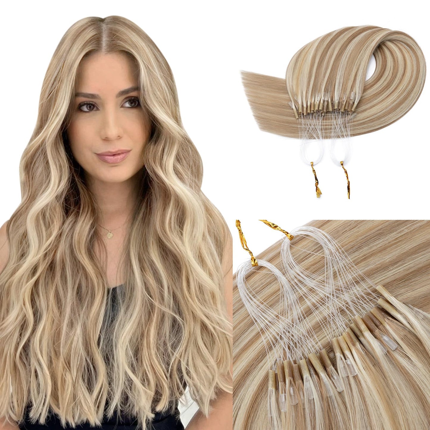 S-noilite Micro Link U Tip Hair Extensions Human Hair Golden Brown Highlight Bleach Blonde K Tips Hair Extensions Human Hair Keratin U Tip Hair Extensions Straight 16 Inch 50 Strands 50g