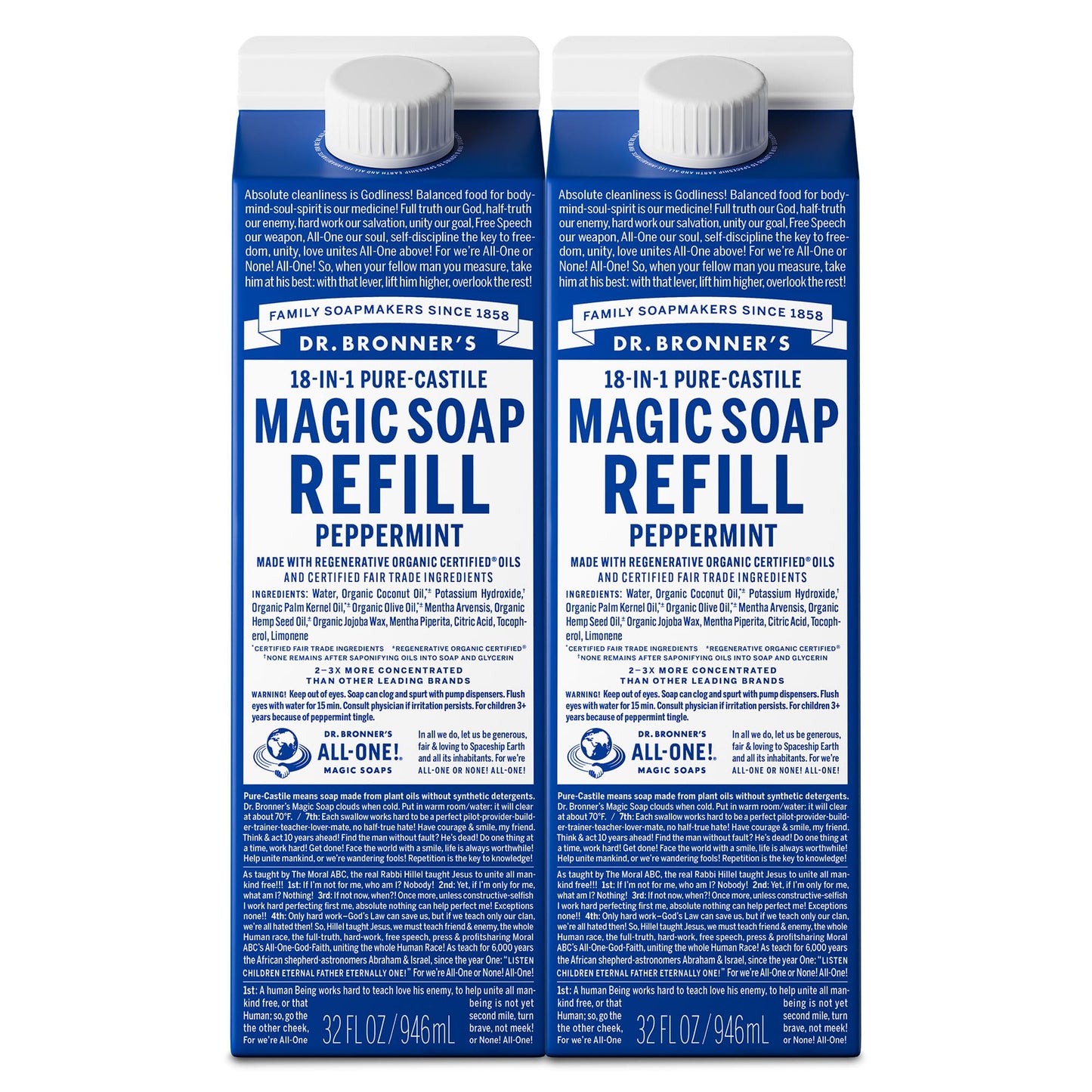 Dr. Bronner's Magic Soap-Pure-Castile Liquid Refill (Peppermint, 32 ounce, 2-Pack) - Regenerative Organic Certified Oils, For Body, Hair, Laundry, Pets & Dishes, Concentrated, Vegan, Non-GMO