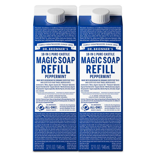 Dr. Bronner's Magic Soap-Pure-Castile Liquid Refill (Peppermint, 32 ounce, 2-Pack) - Regenerative Organic Certified Oils, For Body, Hair, Laundry, Pets & Dishes, Concentrated, Vegan, Non-GMO