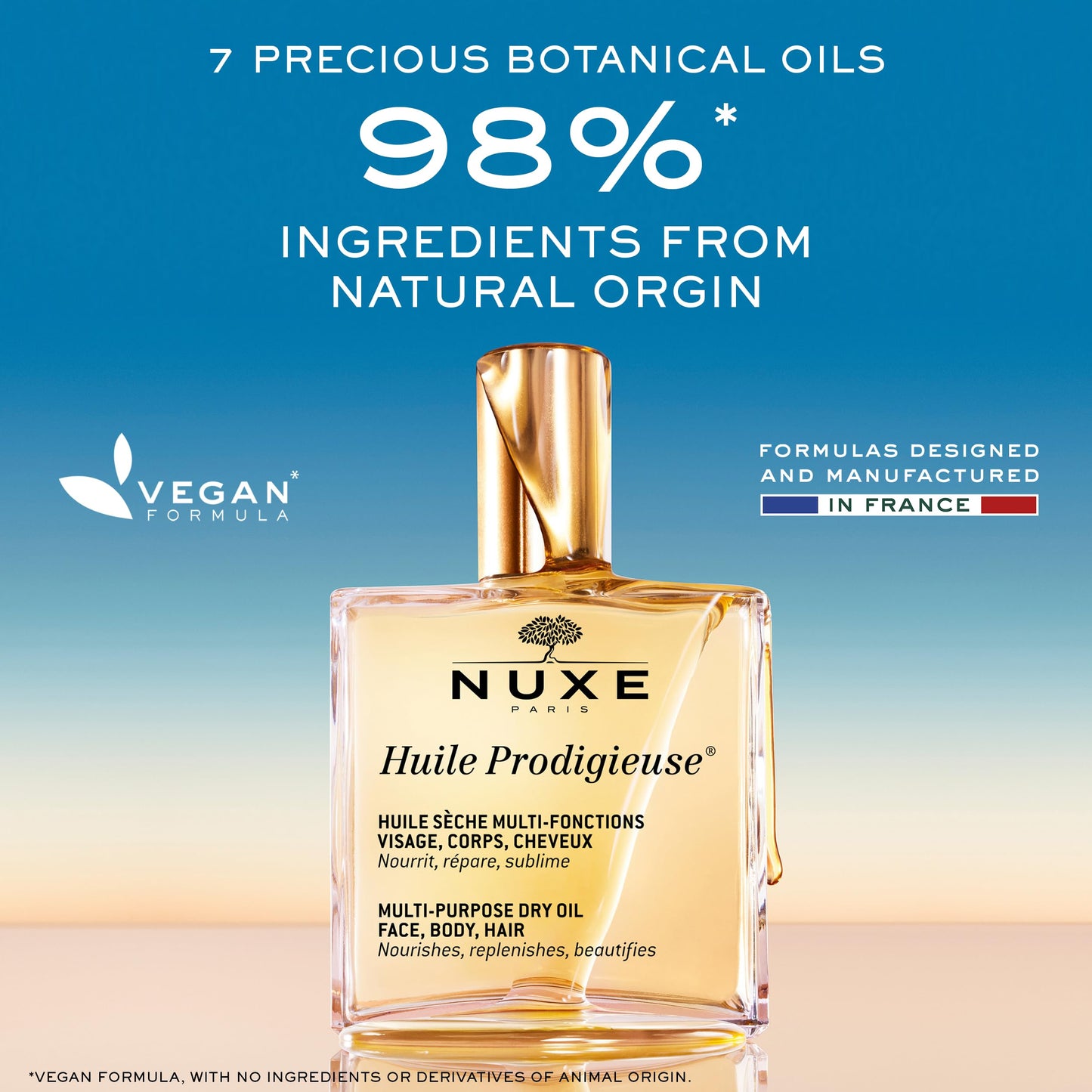 Nuxe Huile Prodigieuse Multi-Purpose Dry Oil with 7 Botanical Oils for Radiant Glow and Hydration for Face, Body & Hair, 1.6 Fl Oz