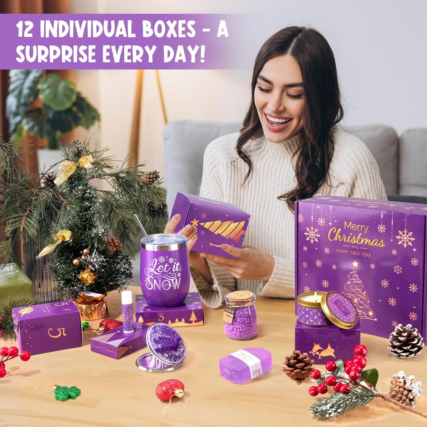 Advent Calendar 2025 - 12 Days of Unique Lavender Spa Gifts for Women | Self-Care Basket with Coffee Mug & Bath Items