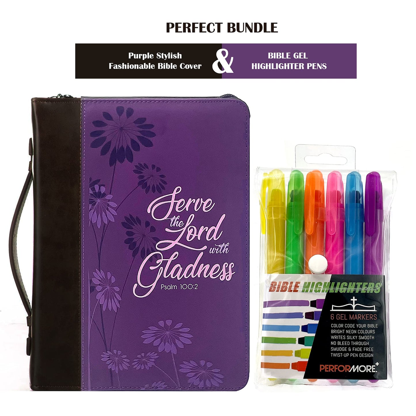 Performore Purple Stylish Fashionable Bible Bags for Women that says "Serve The Lord with Gladness" - Psalm 100:2, w/ 6 Assorted Gel Highlighter Pens in Snap PVC Wallet