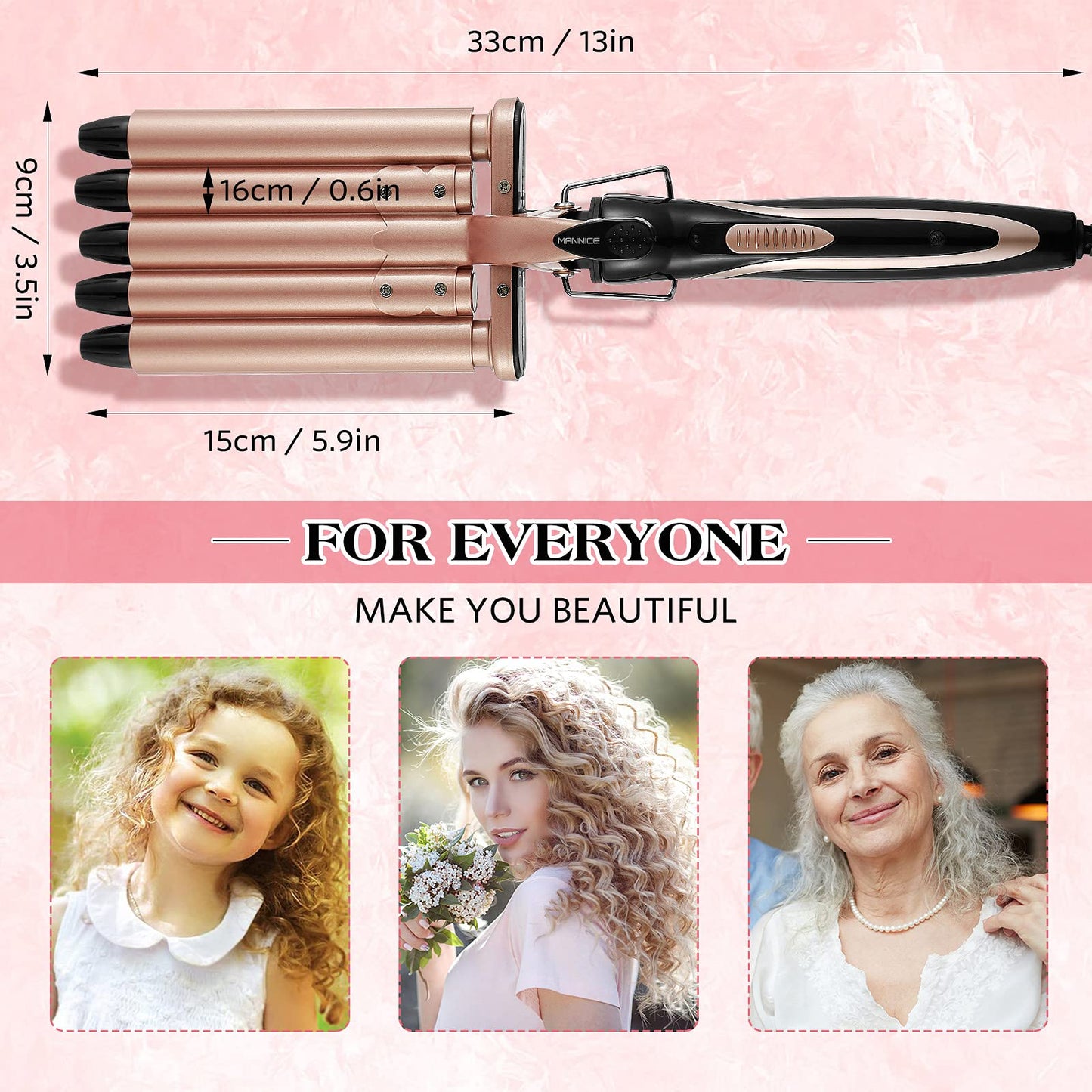 5 Barrel Curling Iron Wand, 0.6 Inch (16mm) Hair Waver Ceramic Tourmaline Wavy Tool with Dual Voltage