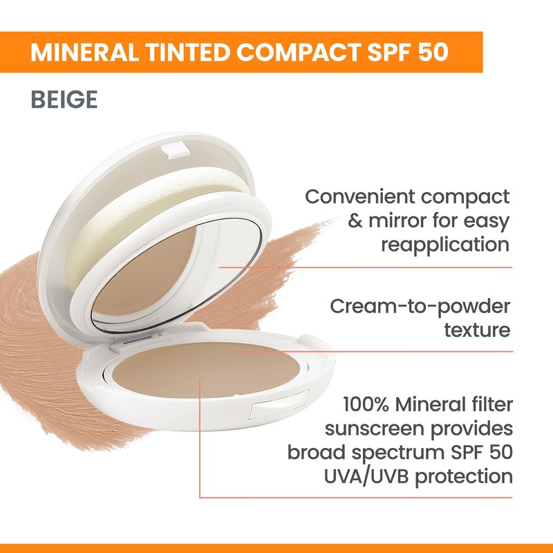 Avène High Protection Beige Tinted Compact, Broad Spectrum SPF 50+, UVA/UVB Blue Light Protection, Water Resistant, Non-Greasy, 0.35 oz.