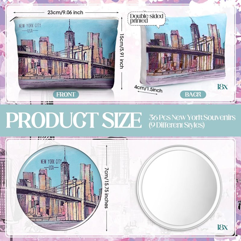 New York Souvenirs - 36-Piece City Cosmetic Bag Set | Makeup Mirrors & Gifts for Friends & Sisters